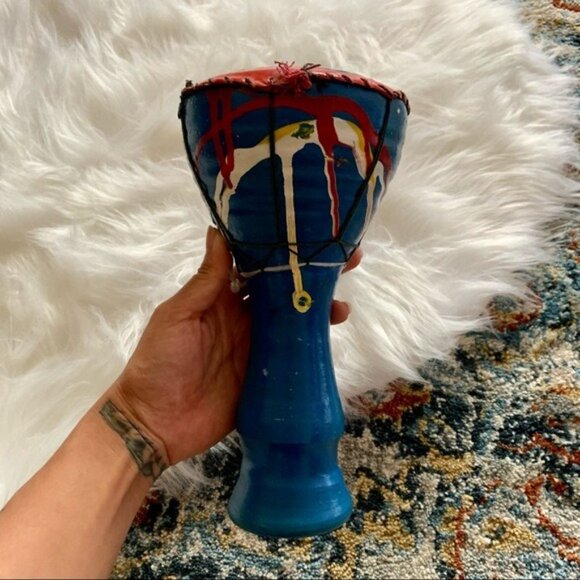 Handmade Tribal Ceramic Drum Safari Folk Art Painted Cotta Southwestern Decor - Picture 4 of 12